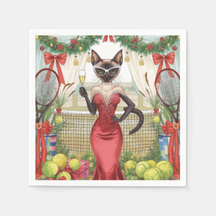 Tennis Christmas Party with Cat Players Napkin