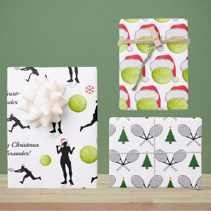 Tennis Christmas Santa Player Ball Racket & Tree Wrapping Paper Sheet