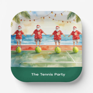 Tennis Christmas Summer with Santa Claus at beach  Paper Plate