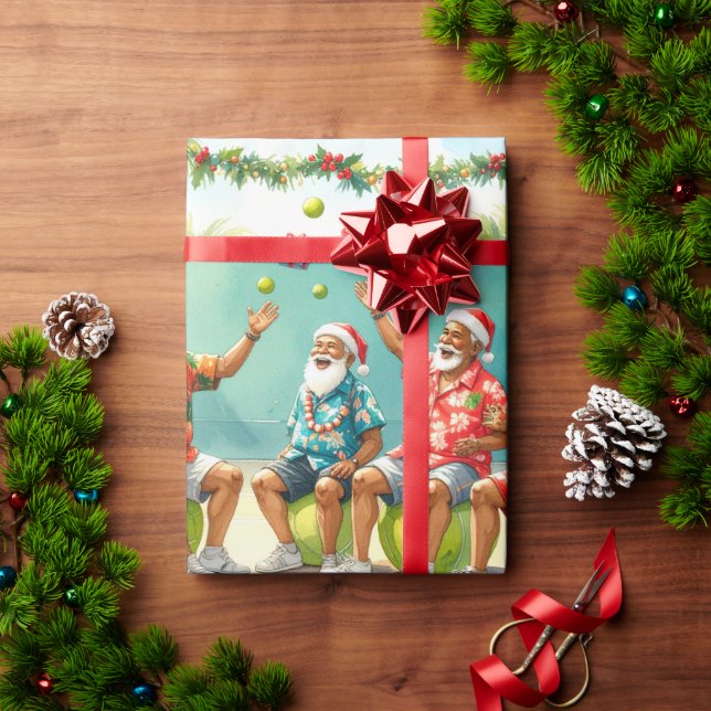 Tennis Christmas Summer with Santa Claus at beach  Wrapping Paper (Holiday Gift)
