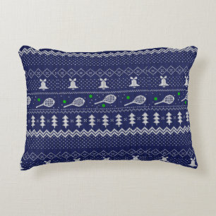 Tennis Christmas Sweater Knitted Pattern Blue Decorative Cushion