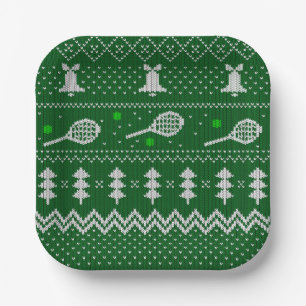 Tennis Christmas Sweater Knitted Pattern Green Paper Plate