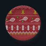Tennis Christmas Sweater Knitted Pattern Red Xmas  Paper Plate<br><div class="desc">Warm and cosy winter days and nights illustration design, featuring classic knitted funny ugly Christmas sweater with tennis rackets and green tennis balls, jingle bells, fir trees, and snowflakes. Minimalistic Xmas sweater pattern festive design in light blue and white for tennis players. Tennis Christmas pattern sweater. Tennis Xmas design. Scandi...</div>