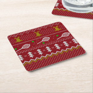 Tennis Christmas Sweater Knitted Pattern Red Xmas  Square Paper Coaster