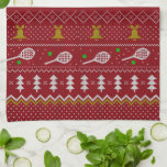 Tennis Christmas Sweater Knitted Pattern Red Xmas Tea Towel<br><div class="desc">Warm and cosy winter days and nights illustration design, featuring classic knitted funny ugly Christmas sweater with tennis rackets and green tennis balls, jingle bells, fir trees, and snowflakes. Minimalistic Xmas sweater pattern festive design in light blue and white for tennis players. Tennis Christmas pattern sweater. Tennis Xmas design. Scandi...</div>