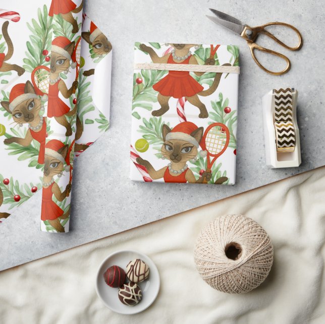Tennis Christmas themed fir Siamese cat Lovers Wrapping Paper (Crafts)
