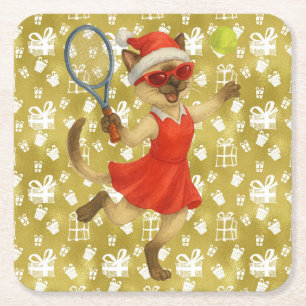  Tennis Christmas themed for Cat lovers  Square Paper Coaster