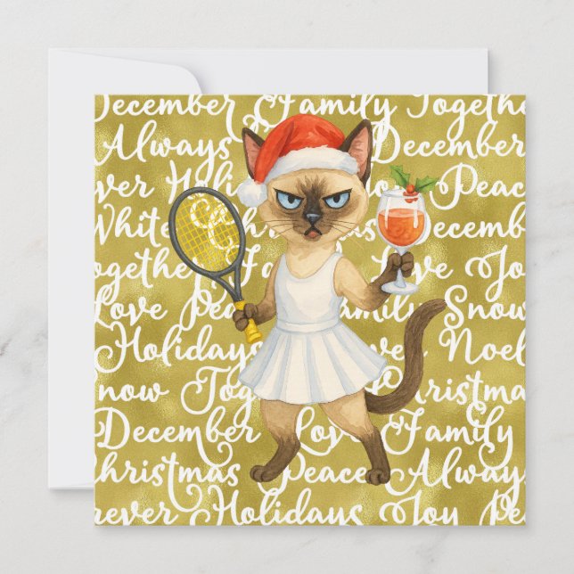 Tennis Christmas themed for player who loves cat Holiday Card (Front)