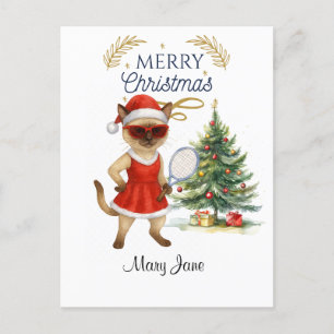 Tennis Christmas themed for player who loves cat  Holiday Postcard