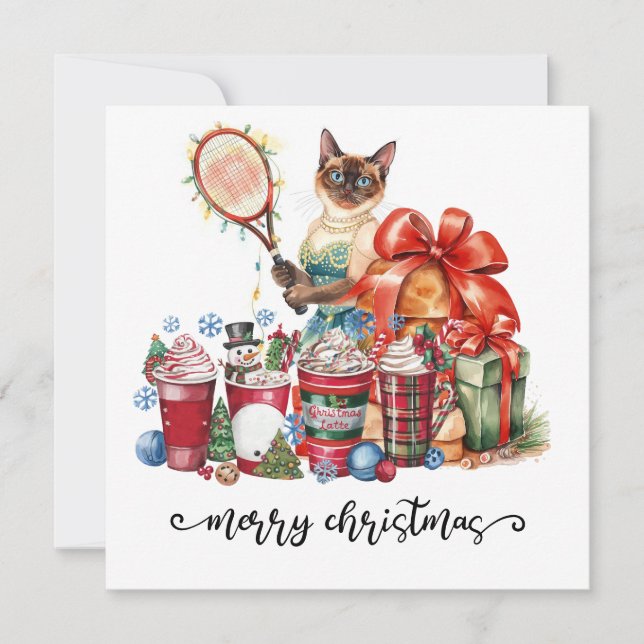 Tennis Christmas themed for Siamese Cat lovers Holiday Card (Front)