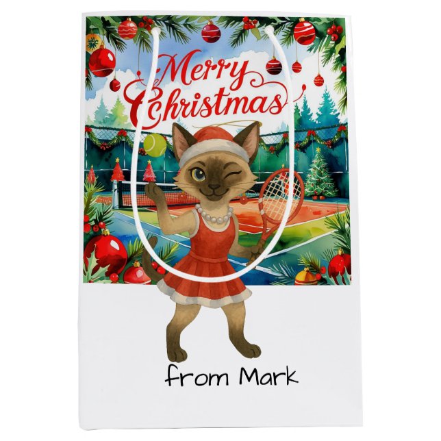 Tennis Christmas Themed for Siamese Cat Lovers Medium Gift Bag (Front)
