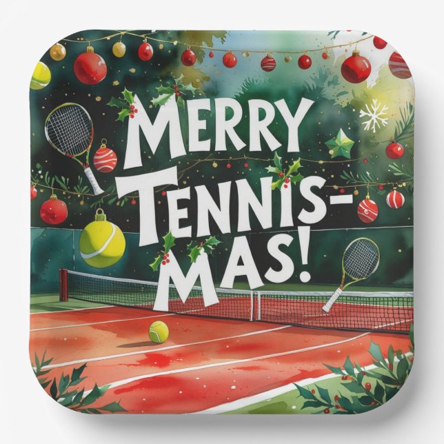 Tennis Christmas themed Joy Love Tennis Party Paper Plate (Front)