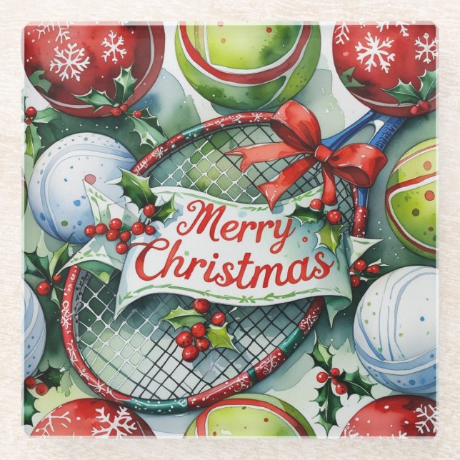 Tennis Christmas themed with racket and Santa hat Glass Coaster (Front)