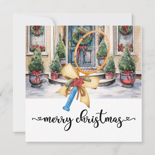 Tennis Christmas with Racket and Christmas themed Holiday Card (Front)
