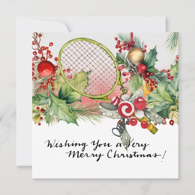 Tennis Christmas with Racket and Christmas Wreath  Holiday Card (Front)