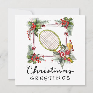 Tennis Christmas with Racket and Christmas Wreath Holiday Card