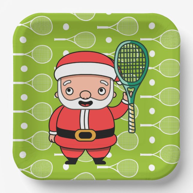 Tennis Christmas with Santa Claus on Balls Party  Paper Plate (Front)