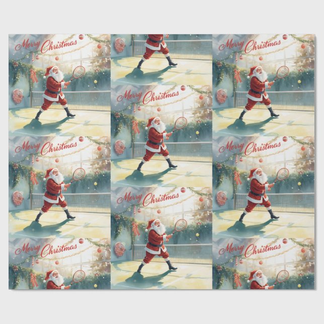Tennis Christmas with Santa Claus serving on court Wrapping Paper (Flat)