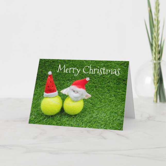 Tennis Christmas with Santa hat on tennis ball Card (Front)