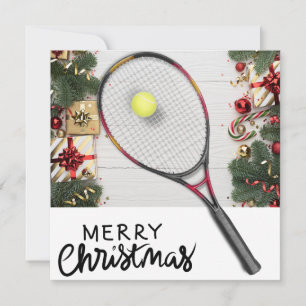 Tennis Christmas with tennis ball and racket Holiday Card