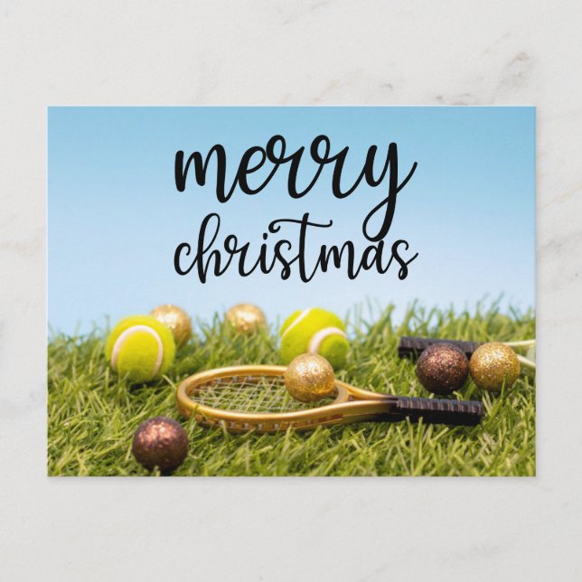 Tennis Christmas with tennis ball and racket Holiday Postcard (Front)