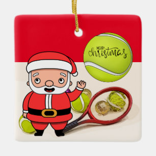 Tennis Christmas with tennis ball and Santa Claus Ceramic Ornament