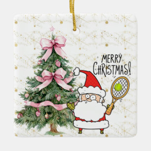 Tennis Christmas with tennis ball and Santa Claus Ceramic Ornament