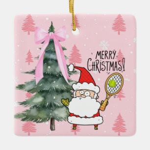 Tennis Christmas with tennis ball and Santa Claus Ceramic Ornament