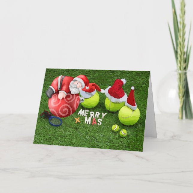 Tennis Christmas with tennis ball and Santa Claus  Holiday Card (Front)