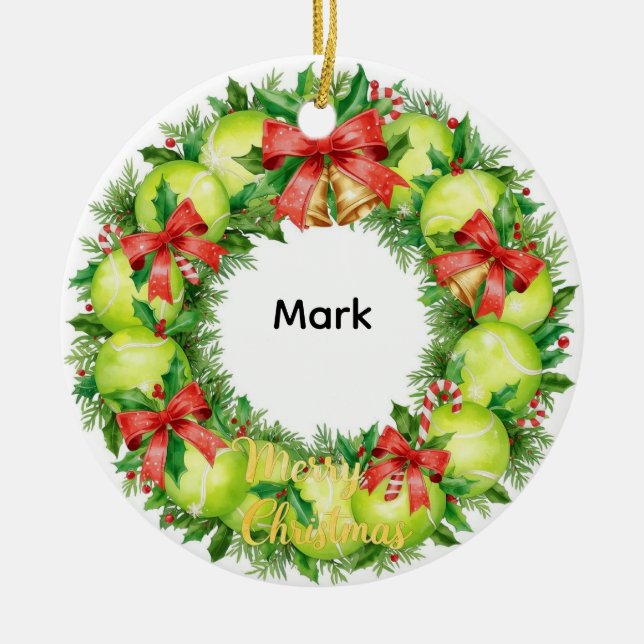 Tennis Christmas with tennis ball  Ceramic Tree Decoration (Front)