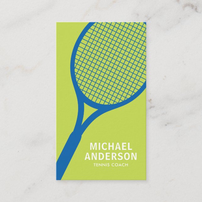 Tennis coach business card with racket, blue green (Front)
