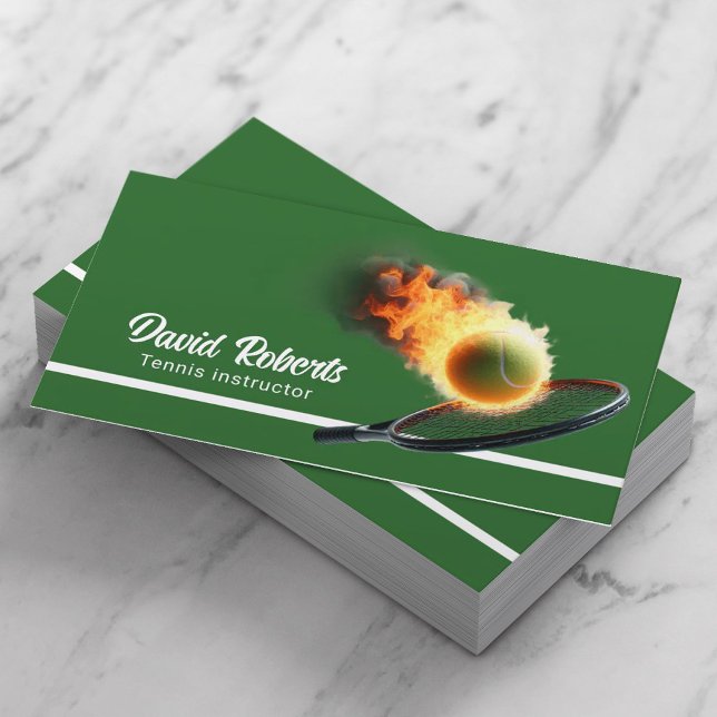 Tennis Coach Cool Tennis Ball in Fire Green Business Card (Creator Uploaded)