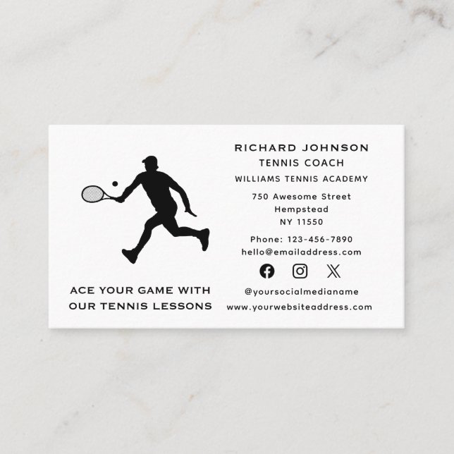 Tennis Coach Male Instructor Sports Social Media Business Card (Front)