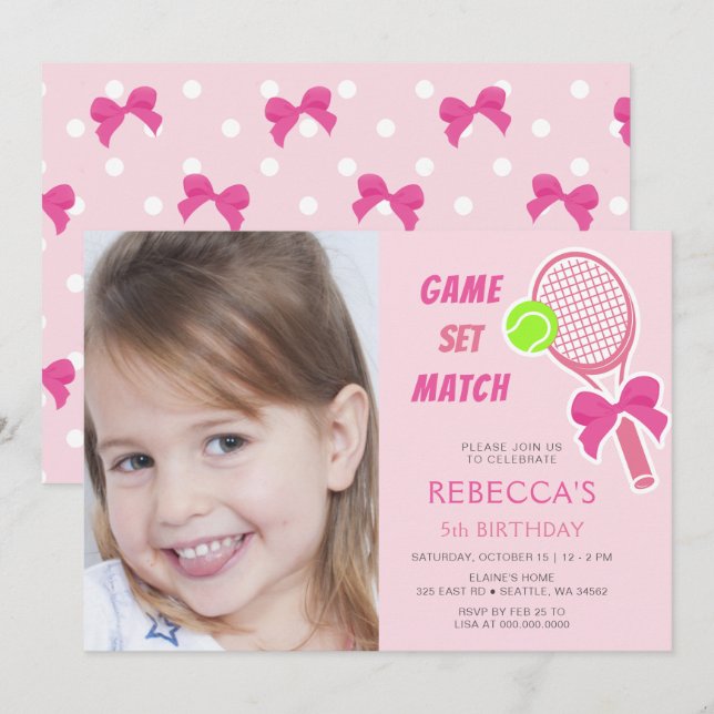 Tennis Coquette Pink Bow Photo Girl Birthday Invitation (Front/Back)