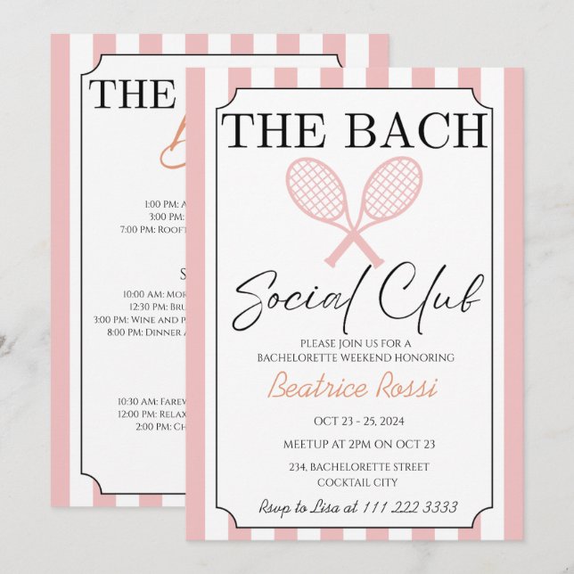 Tennis Country Club Bachelorette Weekend Invitation (Front/Back)