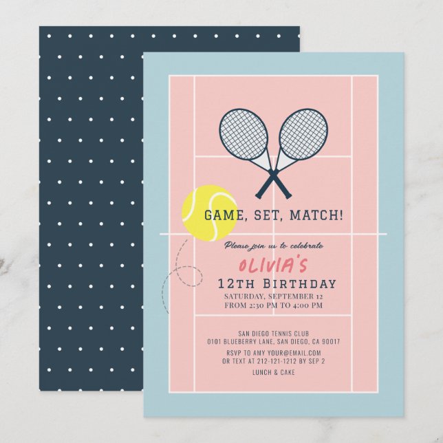 Tennis Court Racquet Pink Girl Birthday Invitation (Front/Back)