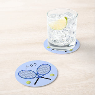 Tennis crossed rackets intials blue Paper Coaster