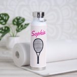 Tennis Custom Name Hot Pink Black Water Bottle<br><div class="desc">Gift your tennis player or tennis fan mum with this vibrant water bottle featuring a black tennis racquet and custom name in a retro font in pink. Wonderful as a gift for Mother's Day,  birthdays and more. Text is customisable. Part of a collection from Parcel Studios.</div>