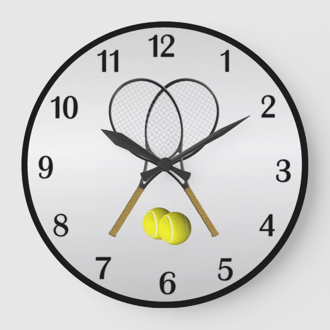 Tennis Doubles Silver Black Digits Framed Rouond Large Clock (Front)