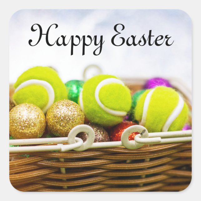 Tennis Easter Holiday with balls in basket Square Sticker (Front)