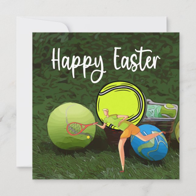 Tennis  Easter with ball and eggs on green Holiday Card (Front)