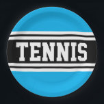 TENNIS Fun Bold Azure Blue Black Racing Stripes Paper Plate<br><div class="desc">This sporty design features bold athletic TENNIS text inside wide black and white center racing stripes against bright azure blue outer edges.</div>