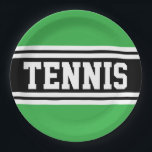 TENNIS Fun Bold Bright Green Black Racing Stripes Paper Plate<br><div class="desc">This sporty design features bold athletic TENNIS text inside wide black and white center racing stripes against bright green outer edges.</div>