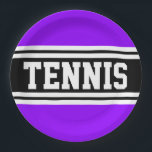 TENNIS Fun Bold Bright Purple Black Racing Stripes Paper Plate<br><div class="desc">This sporty design features bold athletic TENNIS text inside wide black and white center racing stripes against bright purple outer edges.</div>