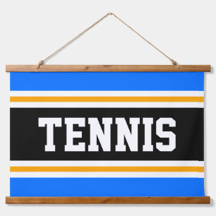 TENNIS Fun Bright Blue Black Yellow Sporty Stripes Hanging Tapestry