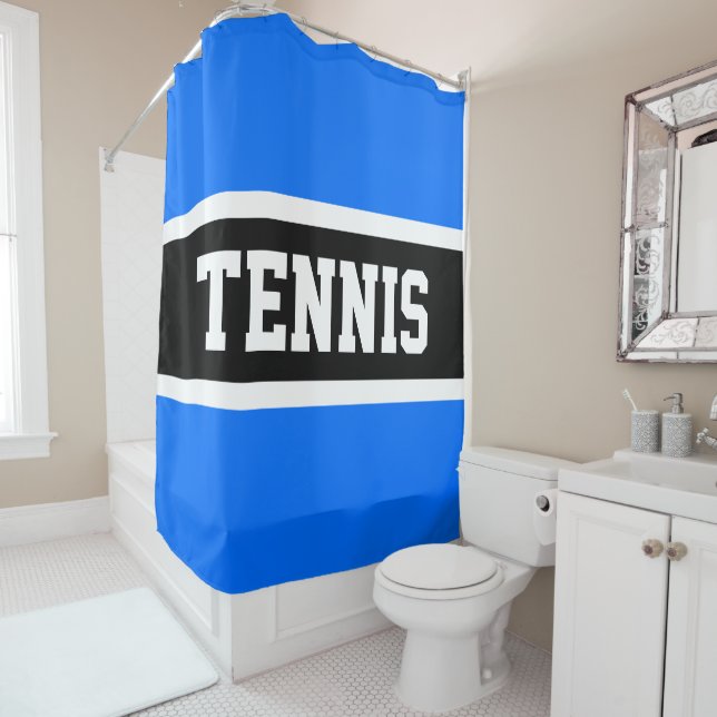 TENNIS Fun Sporty Bright Blue Black White Stripes Shower Curtain (In Situ)