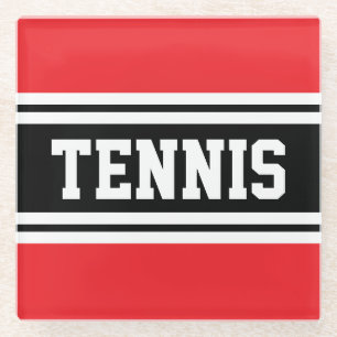 TENNIS Fun Sporty Bright Red Black Racing Stripes Glass Coaster