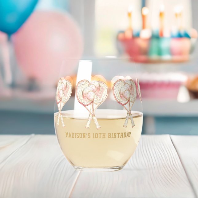 Tennis Girl Birthday Personalised Watercolor Stemless Wine Glass (Insitu (Baby Shower))