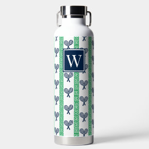 Tennis Greek Key Stripe – Navy & Green Monogram Water Bottle