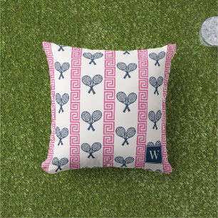Tennis Greek Key Stripe - Navy & Hot Pink Monogram Cushion